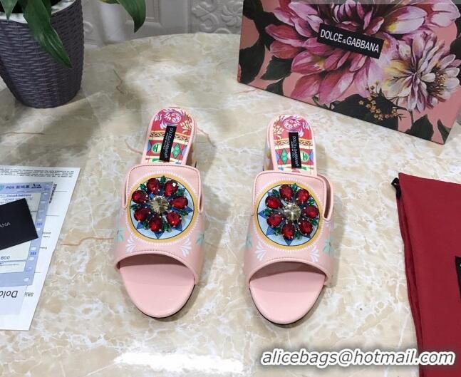 Cheap Price Dolce & Gabbana DG Print Leather Crystal Slide Sandals 6.5cm 930106 Pink