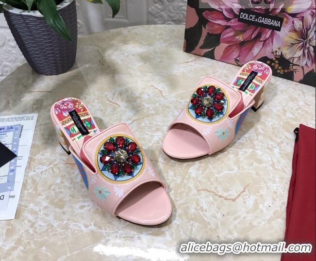 Cheap Price Dolce & Gabbana DG Print Leather Crystal Slide Sandals 6.5cm 930106 Pink