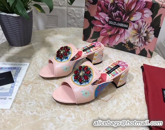 Cheap Price Dolce & Gabbana DG Print Leather Crystal Slide Sandals 6.5cm 930106 Pink