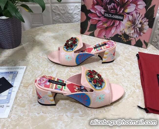 Cheap Price Dolce & Gabbana DG Print Leather Crystal Slide Sandals 6.5cm 930106 Pink