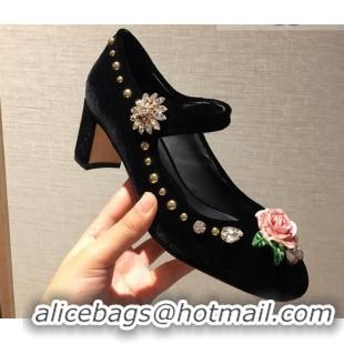 AAAAA Dolce & Gabbana DG Velvet Crystal Flower Pumps 6cm Black/Pink 930109