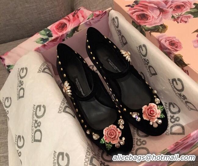 AAAAA Dolce & Gabbana DG Velvet Crystal Flower Pumps 6cm Black/Pink 930109