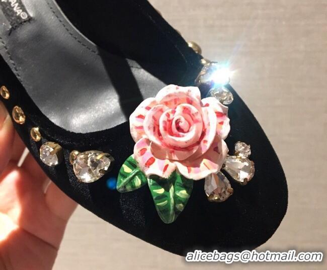 AAAAA Dolce & Gabbana DG Velvet Crystal Flower Pumps 6cm Black/Pink 930109