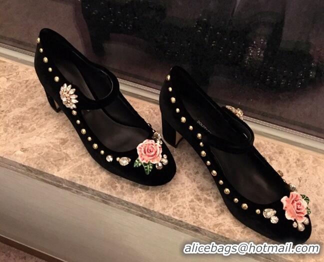 AAAAA Dolce & Gabbana DG Velvet Crystal Flower Pumps 6cm Black/Pink 930109