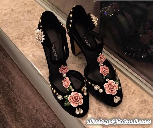 Duplicate Dolce & Gabbana DG Velvet Crystal Flower Pumps 10.5cm Black/Pink 930108