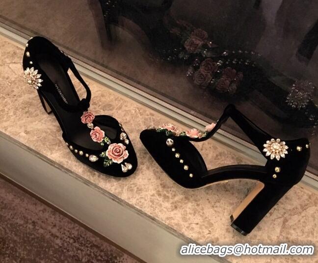 Duplicate Dolce & Gabbana DG Velvet Crystal Flower Pumps 10.5cm Black/Pink 930108