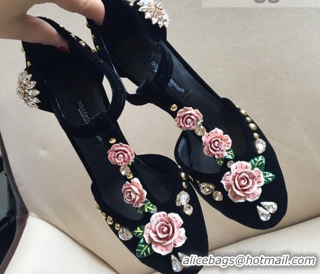 Duplicate Dolce & Gabbana DG Velvet Crystal Flower Pumps 10.5cm Black/Pink 930108