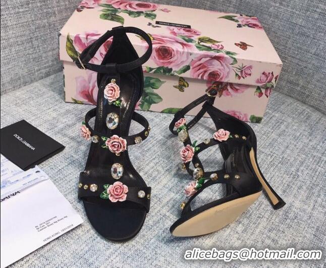 Sumptuous Dolce & Gabbana Silk Crystal Flower Sandals 9cm 930110 Black