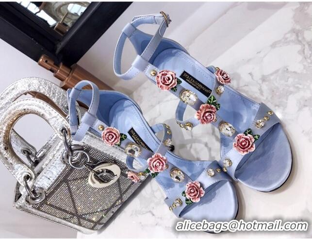 Best Product Dolce & Gabbana Silk Crystal Flower Sandals 9cm 930110 Blue