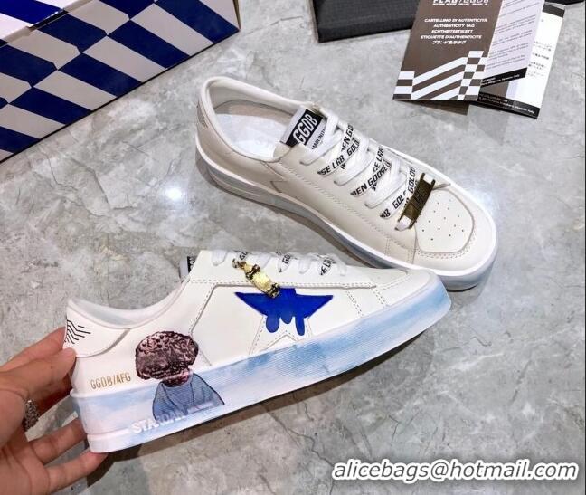 Discount Golden Goose Graffiti White Calfskin Sneaker Blue 051132