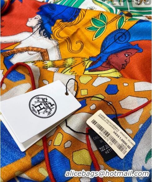 Inexpensive Hermes La Danse des Amazones shawl 140 Cashmere and Silk Scarf H04052 Blue/Orange 2021