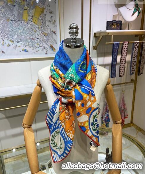 Inexpensive Hermes La Danse des Amazones shawl 140 Cashmere and Silk Scarf H04052 Blue/Orange 2021