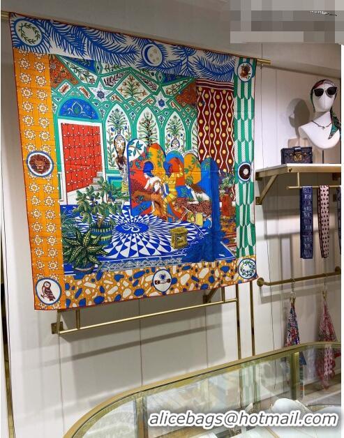 Inexpensive Hermes La Danse des Amazones shawl 140 Cashmere and Silk Scarf H04052 Blue/Orange 2021