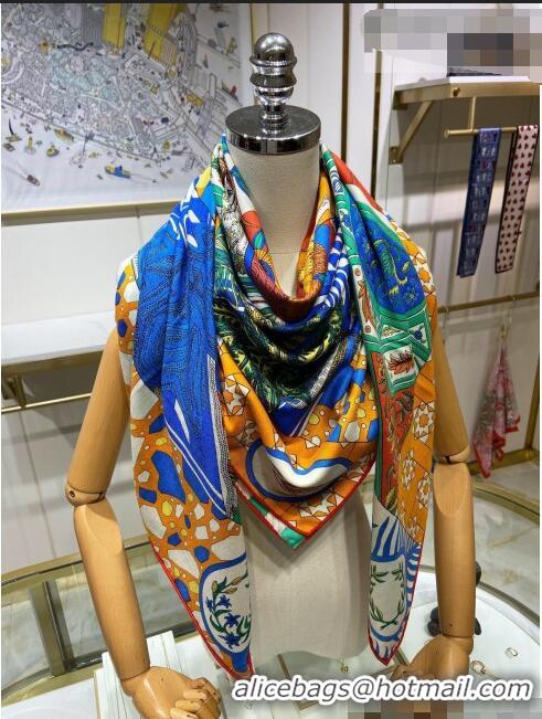 Inexpensive Hermes La Danse des Amazones shawl 140 Cashmere and Silk Scarf H04052 Blue/Orange 2021