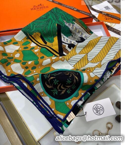 Reproduction Hermes La Danse des Amazones shawl 140 Cashmere and Silk Scarf H04052 Green 2021