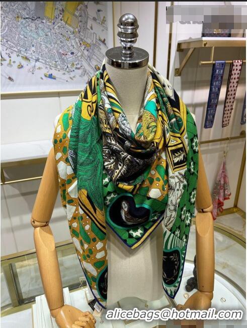 Reproduction Hermes La Danse des Amazones shawl 140 Cashmere and Silk Scarf H04052 Green 2021