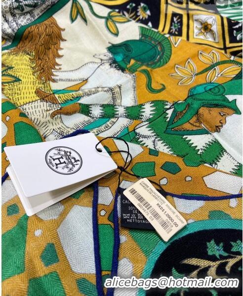 Reproduction Hermes La Danse des Amazones shawl 140 Cashmere and Silk Scarf H04052 Green 2021