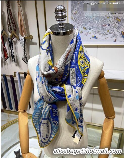 Low Price Hermes La Danse des Amazones shawl 140 Cashmere and Silk Scarf H04052 Blue/Grey 2021