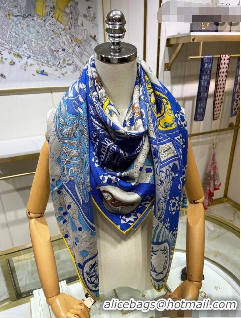 Low Price Hermes La Danse des Amazones shawl 140 Cashmere and Silk Scarf H04052 Blue/Grey 2021