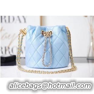 Good Looking Chanel Drawstring Bag Grained Calfskin & Gold Metal AS2859 light blue