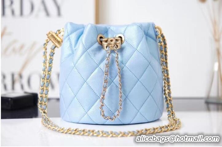 Good Looking Chanel Drawstring Bag Grained Calfskin & Gold Metal AS2859 light blue