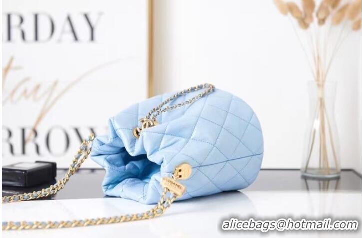 Good Looking Chanel Drawstring Bag Grained Calfskin & Gold Metal AS2859 light blue