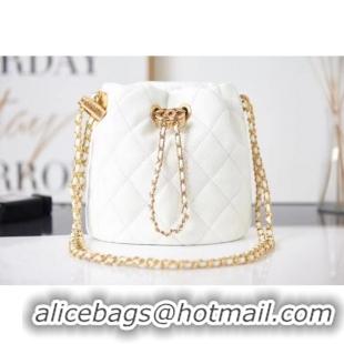 Promotional Chanel Drawstring Bag Grained Calfskin & Gold Metal AS2859 white