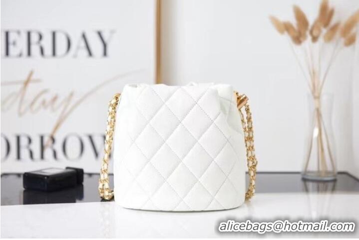 Promotional Chanel Drawstring Bag Grained Calfskin & Gold Metal AS2859 white