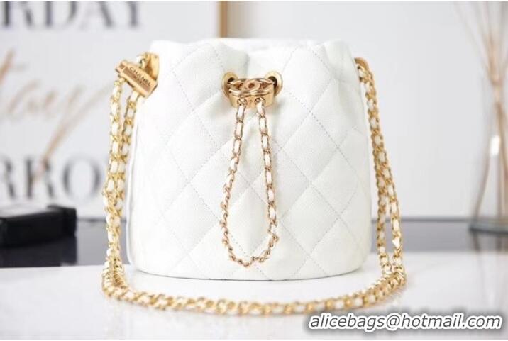 Promotional Chanel Drawstring Bag Grained Calfskin & Gold Metal AS2859 white