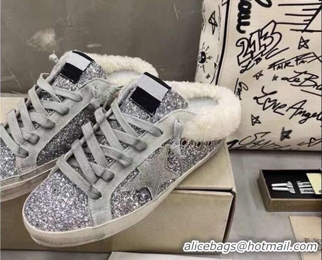 Best Price Golden Goose GGDB Super-Star Sequins and Shearling Sneakers Mules 092201 Silve