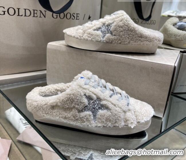 Golden Goose GGDB Super-Star Sequins & Shearling Sneakers Mules 1025074 Silver/Off-white