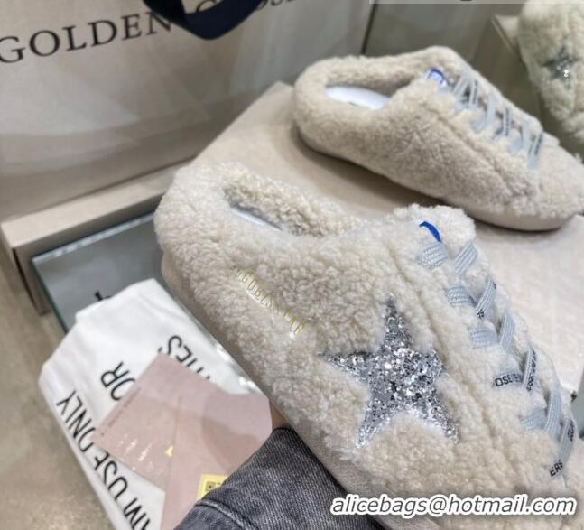 Golden Goose GGDB Super-Star Sequins & Shearling Sneakers Mules 1025074 Silver/Off-white