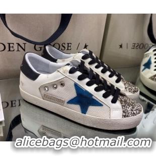 Most Popular Golden Goose Super-Star Sneakers in White Mesh and Leather with Blue Star 027058