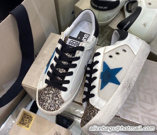 Most Popular Golden Goose Super-Star Sneakers in White Mesh and Leather with Blue Star 027058