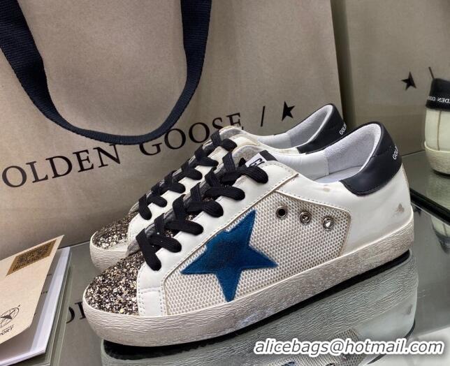 Most Popular Golden Goose Super-Star Sneakers in White Mesh and Leather with Blue Star 027058