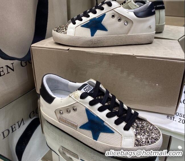 Most Popular Golden Goose Super-Star Sneakers in White Mesh and Leather with Blue Star 027058