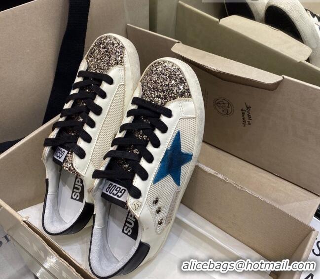 Most Popular Golden Goose Super-Star Sneakers in White Mesh and Leather with Blue Star 027058