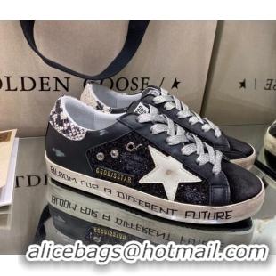 Unique Grade Golden Goose Super-Star Sneakers in Black Glitter and Suede with White Star 027059