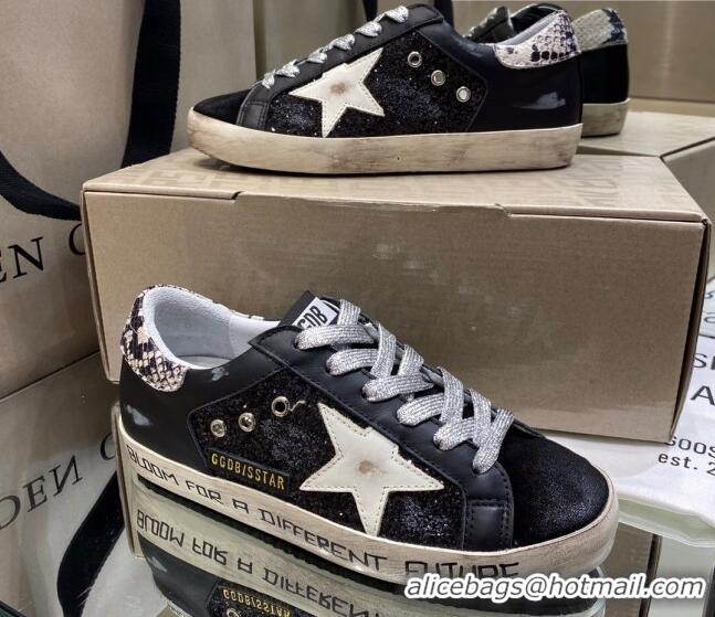 Unique Grade Golden Goose Super-Star Sneakers in Black Glitter and Suede with White Star 027059