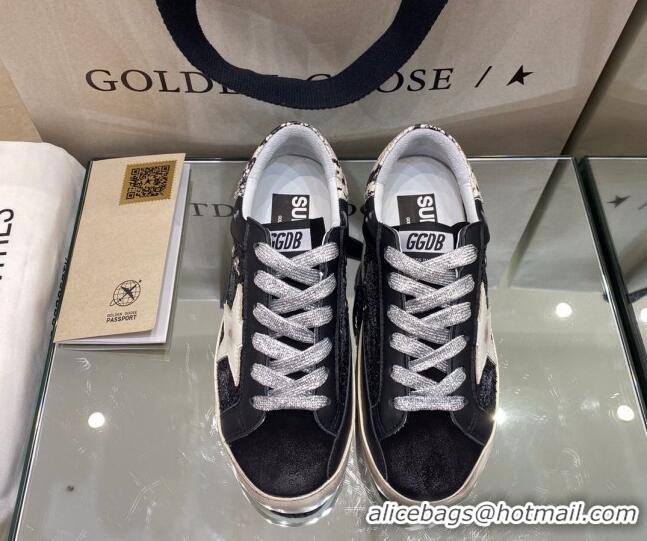 Unique Grade Golden Goose Super-Star Sneakers in Black Glitter and Suede with White Star 027059