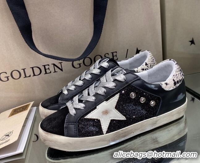 Unique Grade Golden Goose Super-Star Sneakers in Black Glitter and Suede with White Star 027059