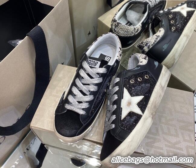 Unique Grade Golden Goose Super-Star Sneakers in Black Glitter and Suede with White Star 027059