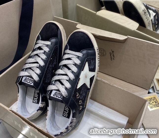 Unique Grade Golden Goose Super-Star Sneakers in Black Glitter and Suede with White Star 027059