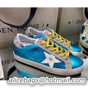 Best Quality Golden Goose Super-Star Sneakers in Blue Leather with White Star 027059