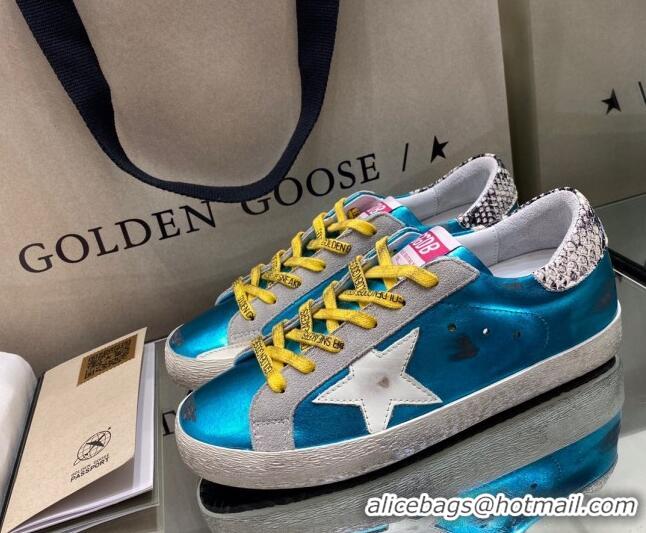 Best Quality Golden Goose Super-Star Sneakers in Blue Leather with White Star 027059