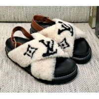 Super Quality Louis Vuitton Paseo Logo Wool Flat Comfort Sandals 081020 White/Black