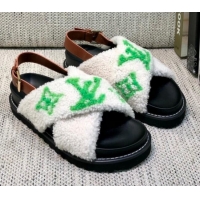 Top Design Louis Vuitton Paseo Logo Wool Flat Comfort Sandals 081020 White/Green