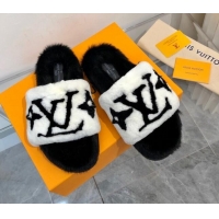 Good Product Louis Vuitton Mink Fur and Shearling Flat Slide Sandals 092554 White/Black