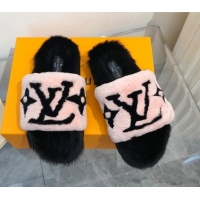 Cute Style Louis Vuitton Mink Fur and Shearling Flat Slide Sandals 092554 Pnk/Black