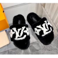 Low Price Louis Vuitton Mink Fur and Shearling Flat Slide Sandals 092554 White/Black